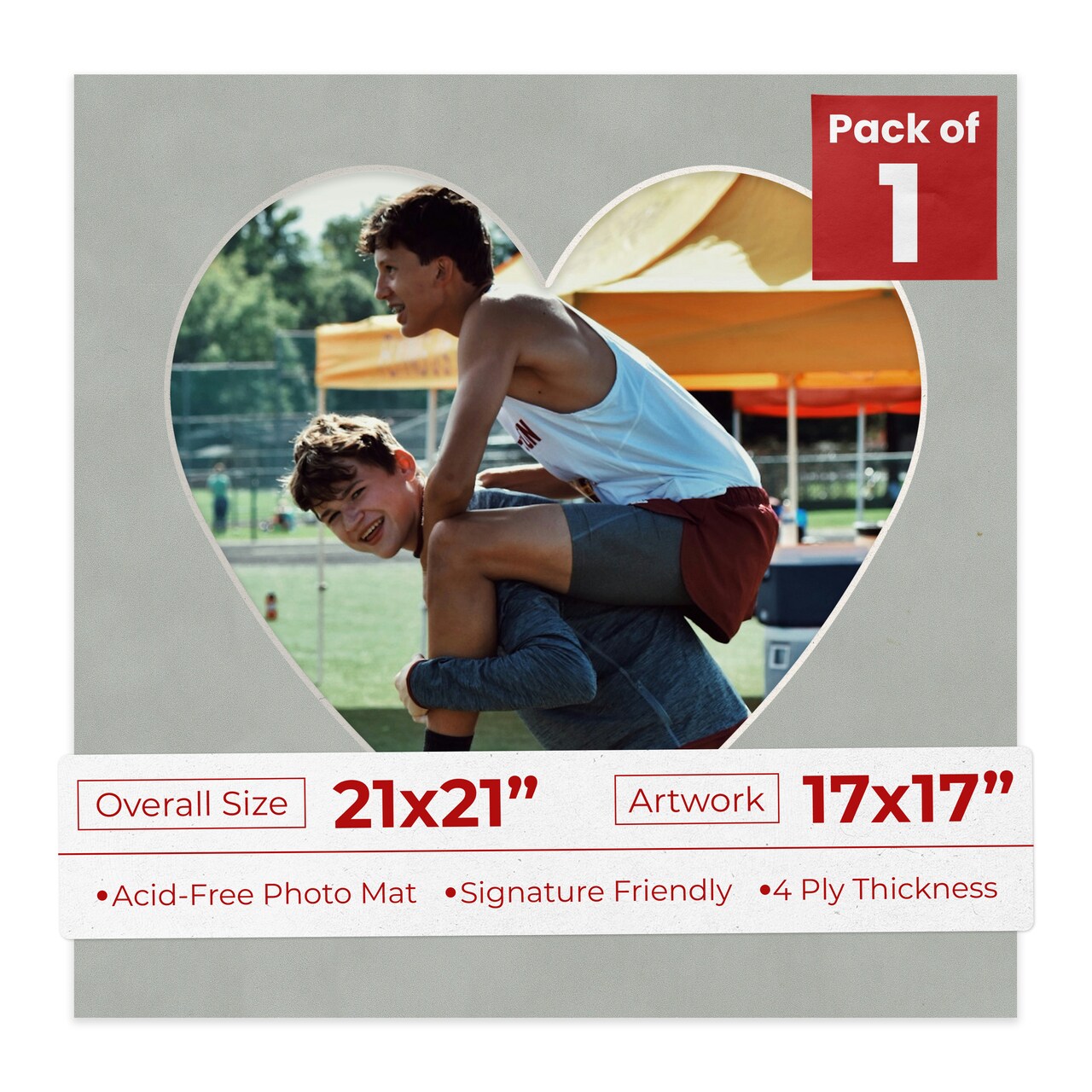 Light Grey Suede Mat Board for 21x21 Frames - Heart Opening for 17x17 Photos